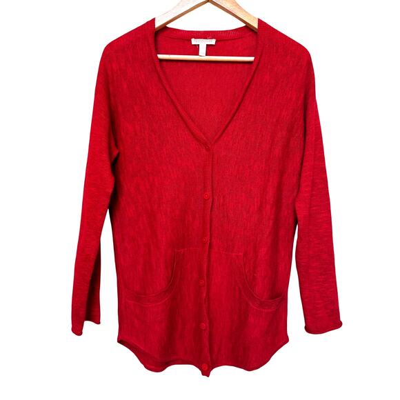 Eileen Fisher Cardigan Womens sz PP PTP Red Linen Cotton Button Down Lightweight - Picture 1 of 8